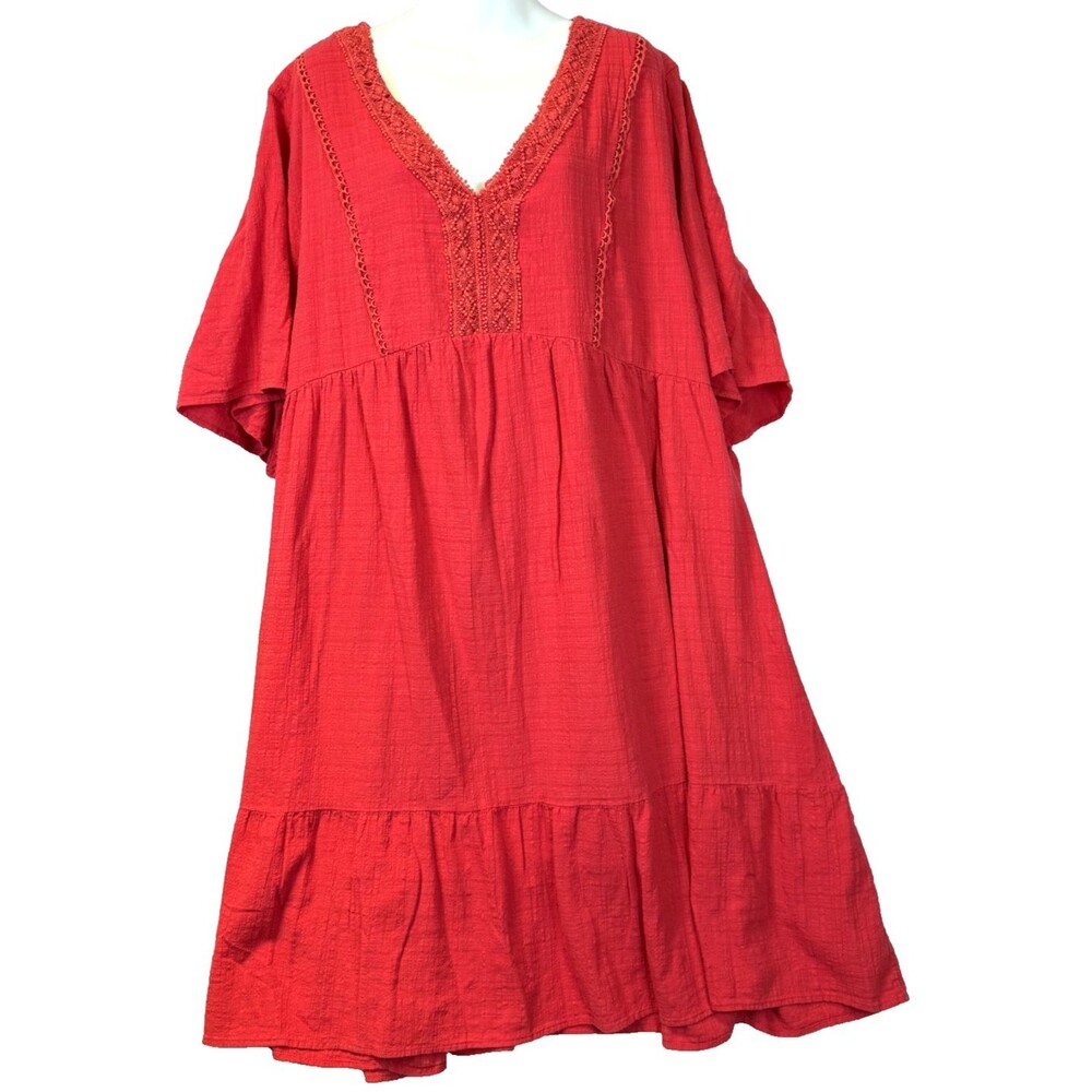 Ulla Popken Red Tiered Midi Dress 24/26 Cotton Viscose Crochet Lace V-Neck